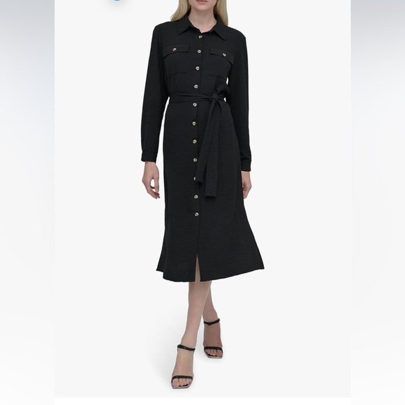 Dkny Dresses & Skirts - NWT DKNY Dress size 4 Black Women's Long Sleeve Collared Tie Waist Midi